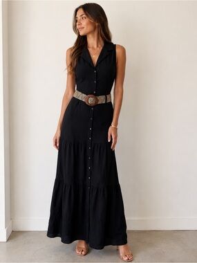 Sleeveless Black Button-Front Maxi Dress